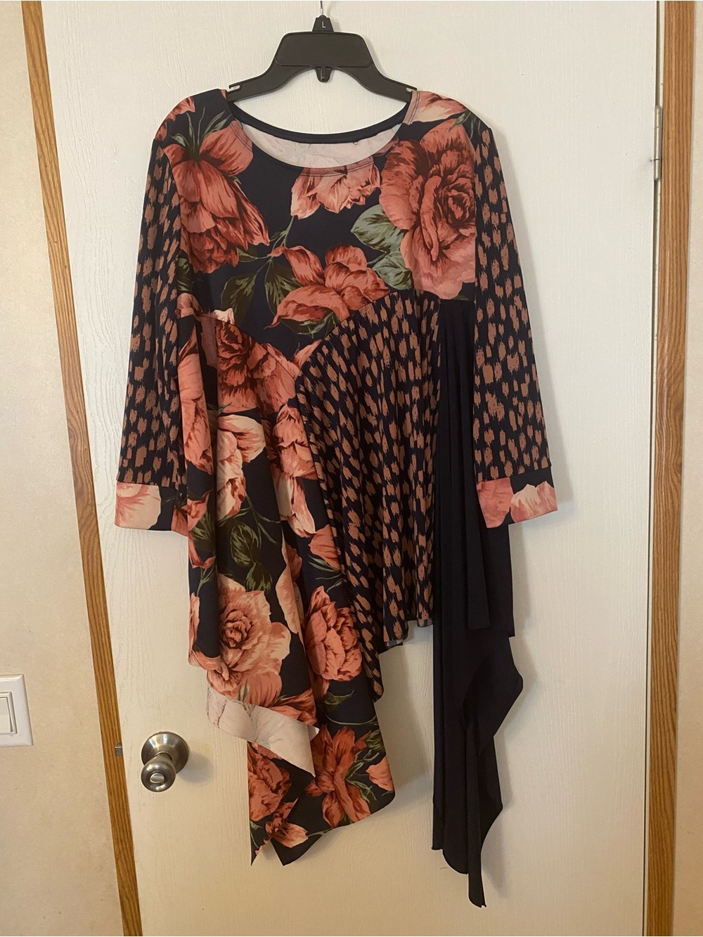 Floral & Patterned Asymmetric Tunic - Navy with Coral Roses Custom Handmade XL